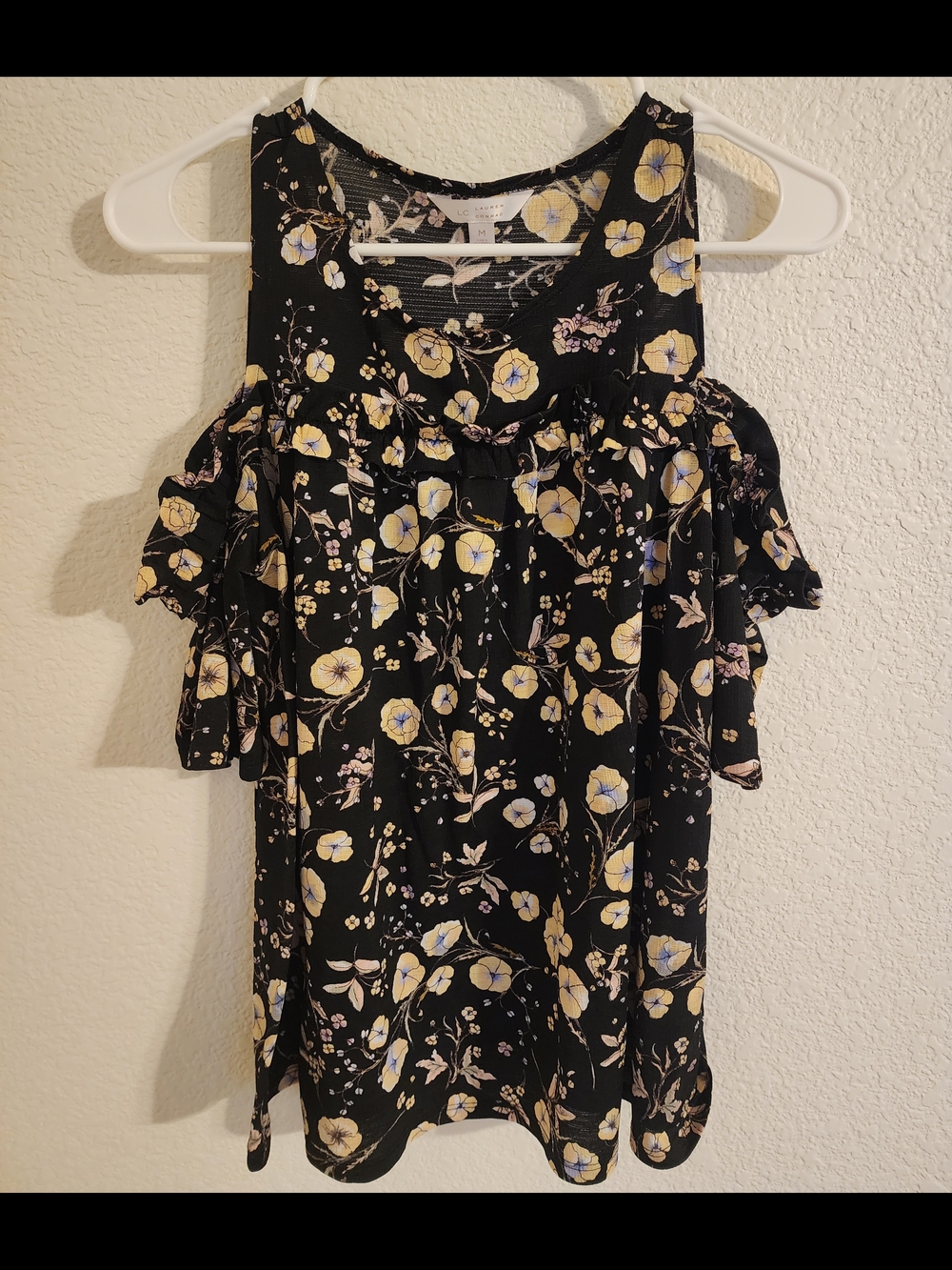 LC Lauren Conrad Black Floral Cold-Shoulder Blouse with Ruffle Trim